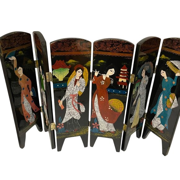 Vintage Asian-Inspired Miniature Folding Screen Room Divider 10" x 17 1/2" With - Picture 2 of 7